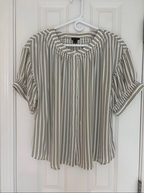Ann Taylor Classic Green & Cream Striped Short-Sleeve Blouse with Gather Detail